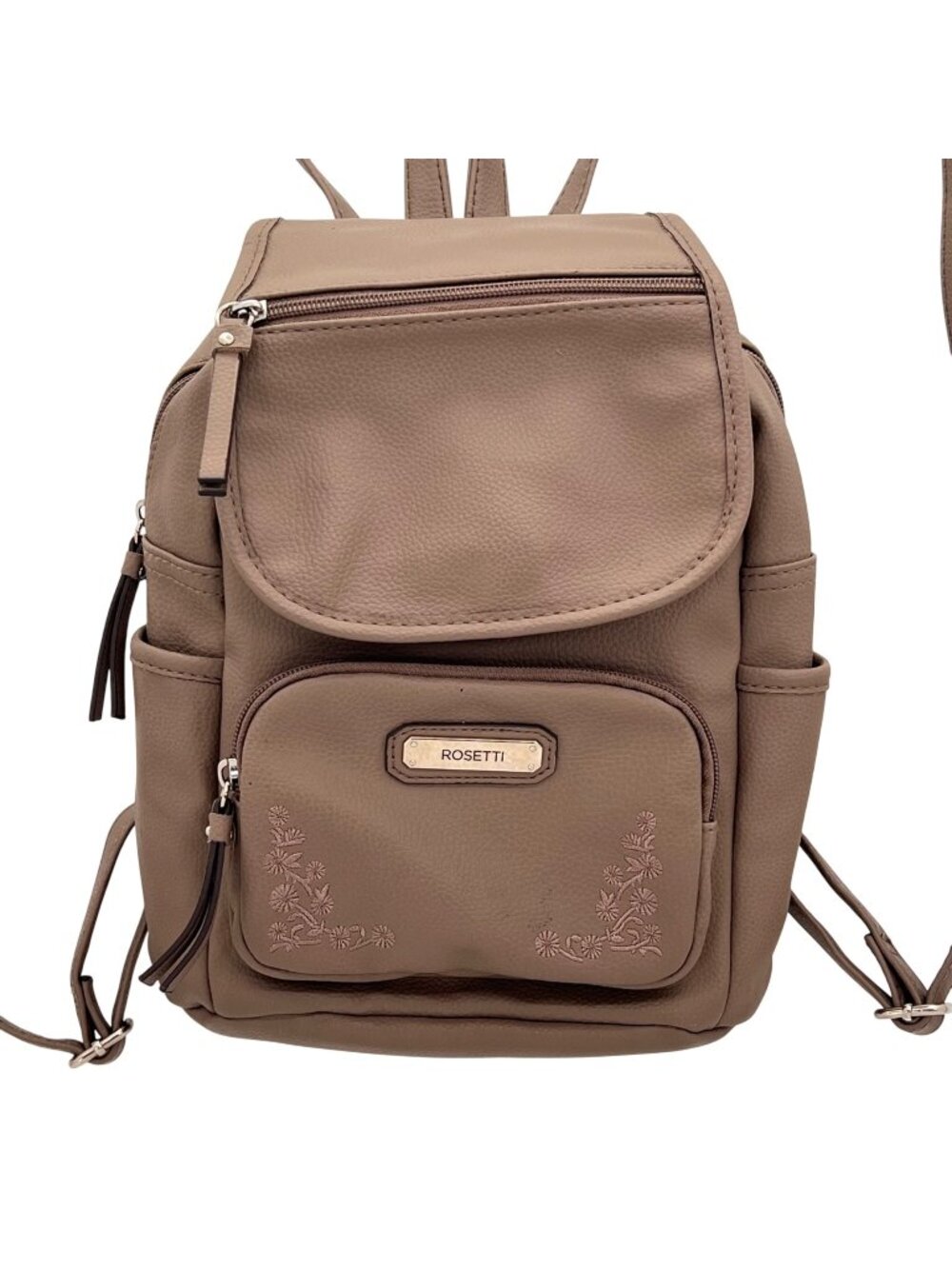 Rosetti Brown Faux Leather Mini Backpack Floral Embroidery Multiple Compartments